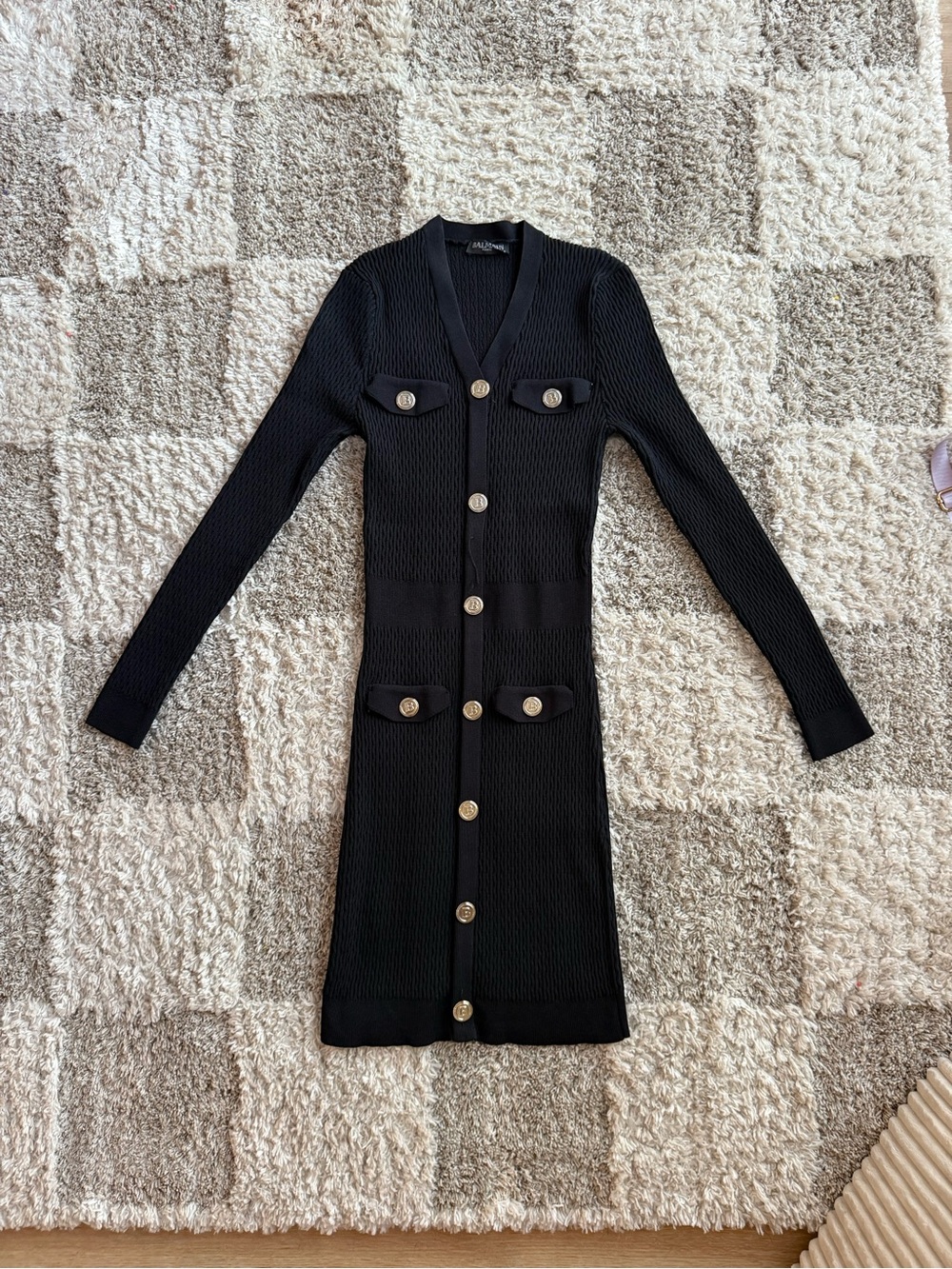 Balmain Black Long-Sleeve Button-Front Knit Dress